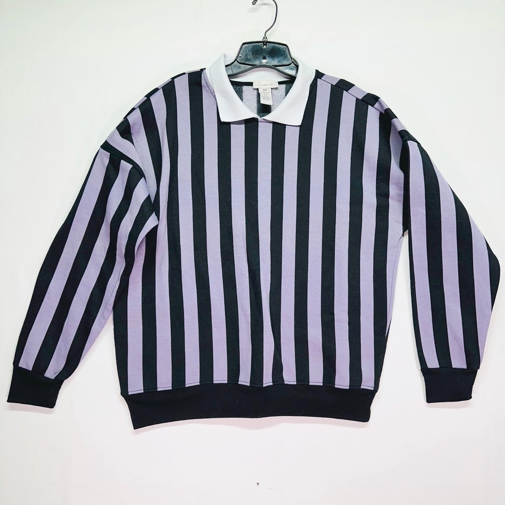 If It Were Me Purple Black Striped Rugby Collar Lightweight Sweatshirt Womens S